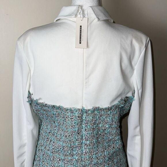 Jenifer Elegant White Tiffany Blue BoucleβTweed Long Sleeve Mini Dress - Picture 5 of 16